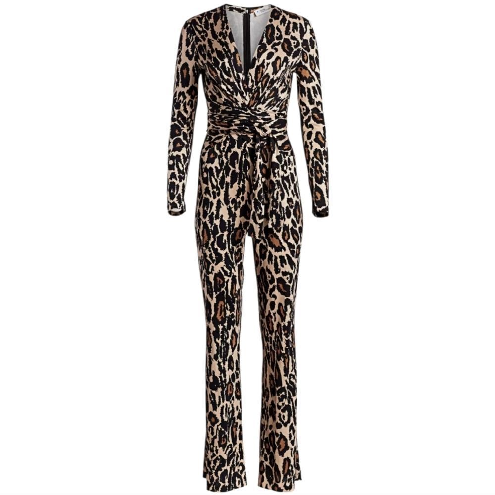 Diane von Furstenberg Melinda Leopard Print Silk Jersey Jumpsuit DVF Xsmall